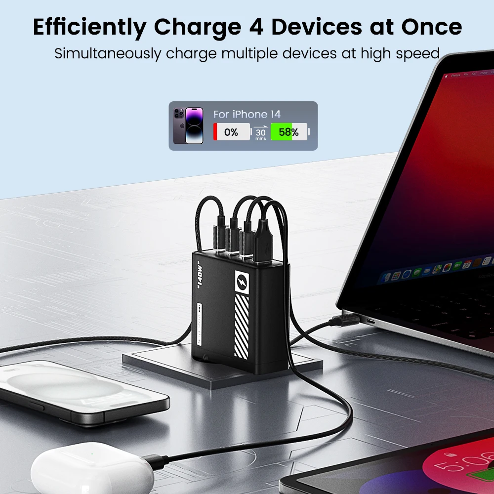 140W usb-c fast charger with 4 ports for macbook surface lenovo dell laptops - Image 4