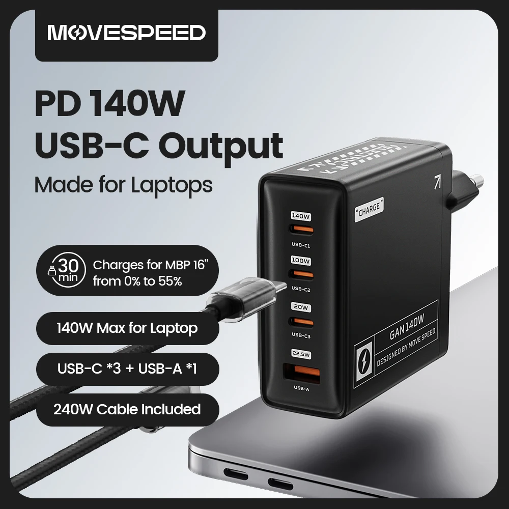 140W usb-c fast charger with 4 ports for macbook surface lenovo dell laptops
