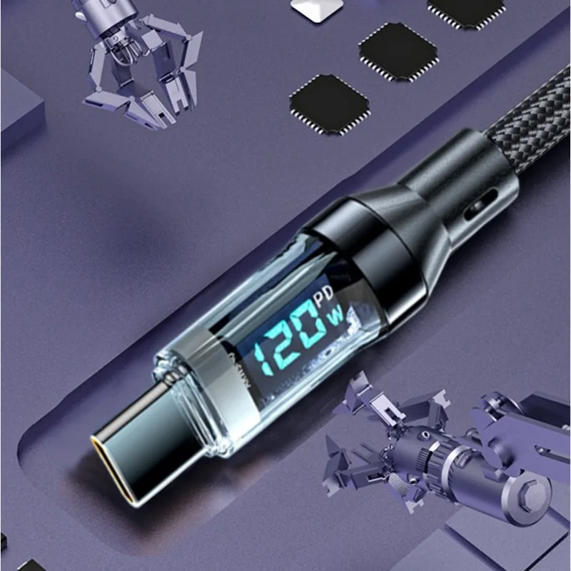 usb type c fast charging data cable with digital wattage meter 120w nylon braided 2m cord for smartphone devices - Image 7
