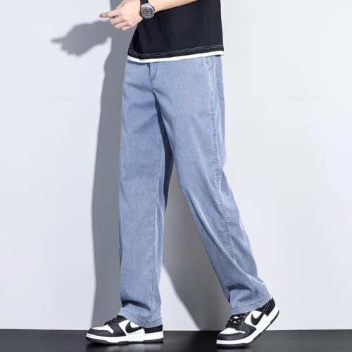 soft lyocell summer jeans for men elastic waist loose fit straight denim trousers plus size 5xl - Image 6