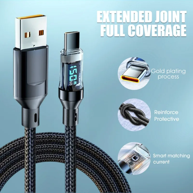 usb type c fast charging data cable with digital wattage meter 120w nylon braided 2m cord for smartphone devices - Image 3