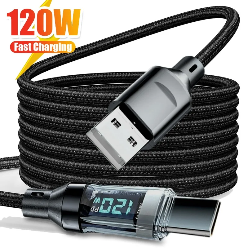 usb type c fast charging data cable with digital wattage meter 120w nylon braided 2m cord for smartphone devices