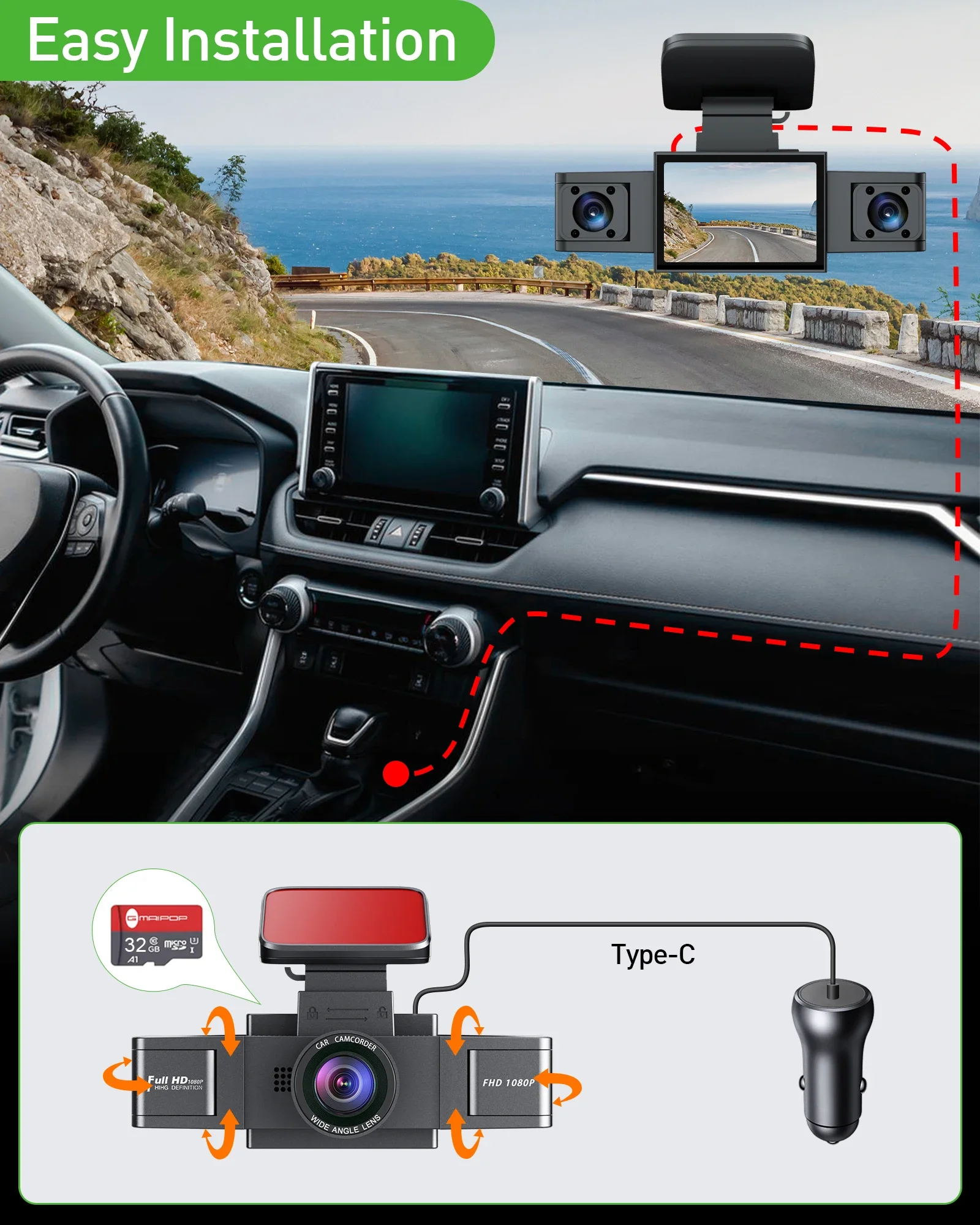 three channel dash cam video recorder with rear view and 24 hour parking monitor essential car accessory - Image 5