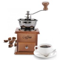 handcrafted retro style manual coffee bean grinder mini wooden and metal burr mill for fresh coffee
