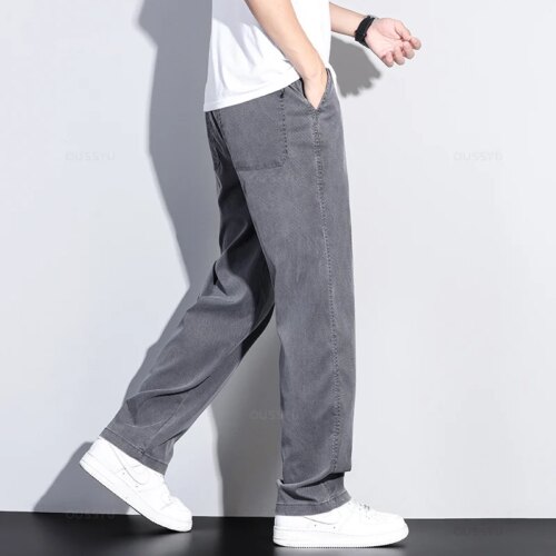soft lyocell summer jeans for men elastic waist loose fit straight denim trousers plus size 5xl - Image 4