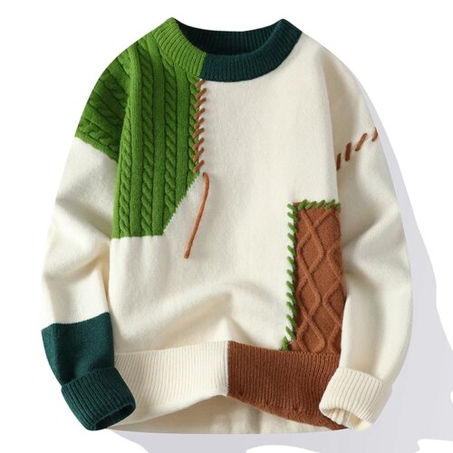 cozy autumn winter mens knitted sweaters casual o neck and patchwork pullover fashion streetwear - Image 4