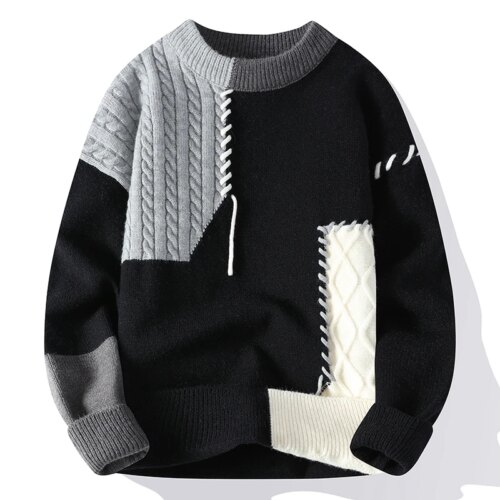 cozy autumn winter mens knitted sweaters casual o neck and patchwork pullover fashion streetwear - Image 5