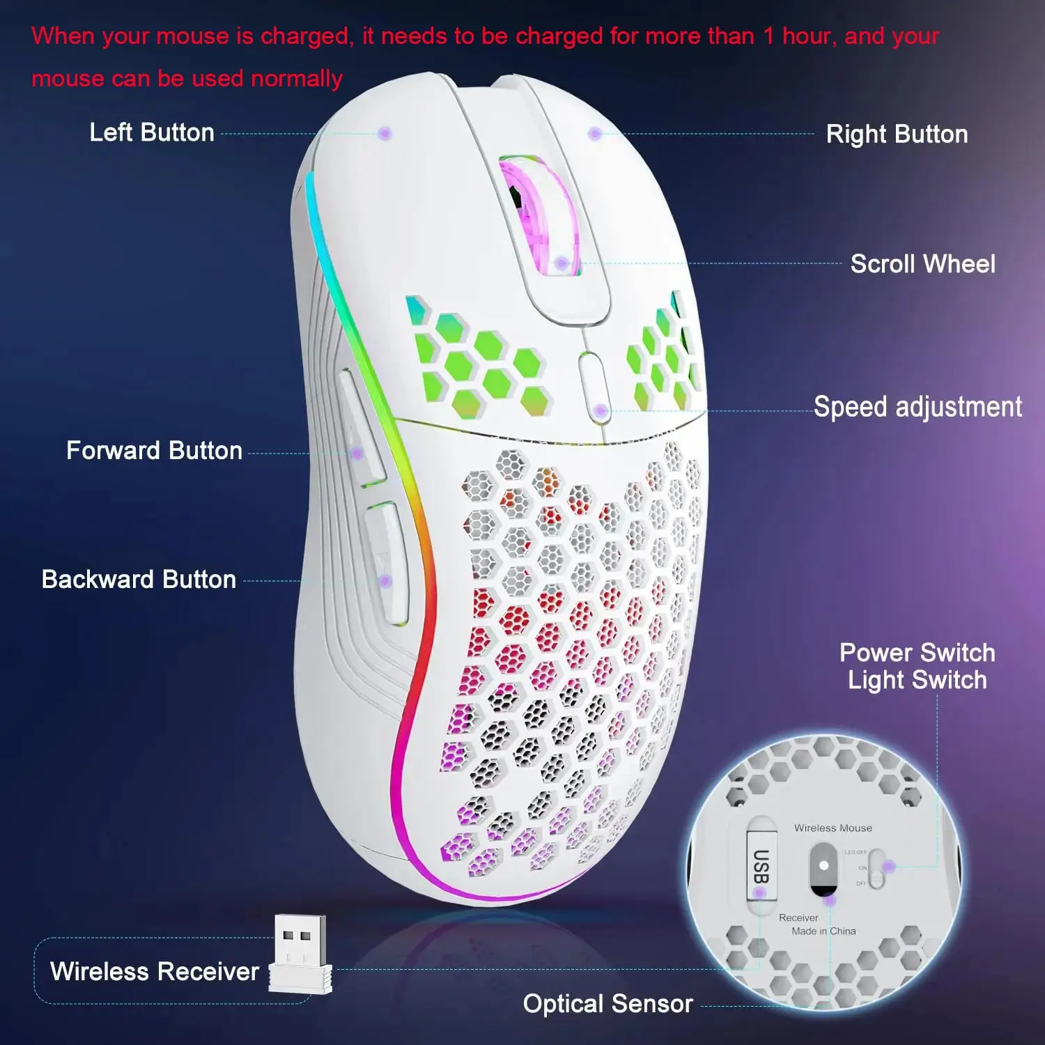 wireless rgb gaming mouse with adjustable dpi ergonomic honeycomb design for desktop and laptop - Image 3