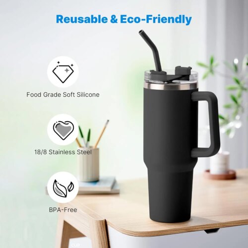 reusable stainless steel straws with silicone tips for stanley cups 2 pack with cleaning brush - Image 7