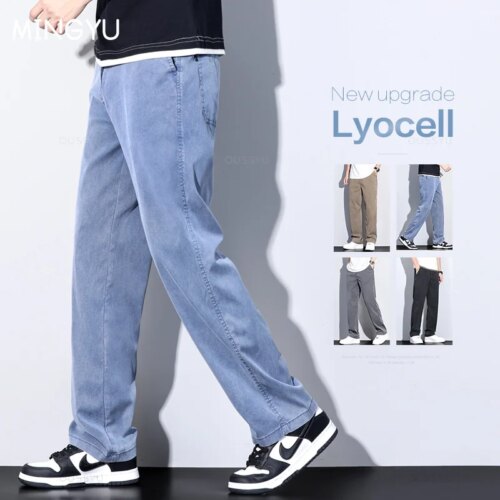 soft lyocell summer jeans for men elastic waist loose fit straight denim trousers plus size 5xl