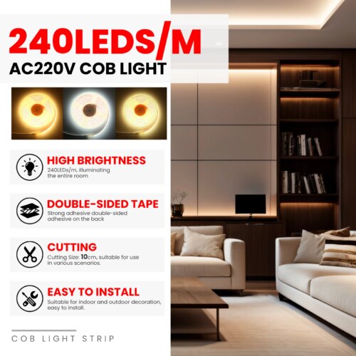 waterproof 220v cob led light strip 240leds flexible home decor with switch and adhesive tape - Image 3