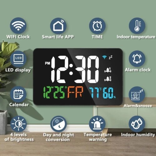 Smart Wifi Digital Wall Clock Temperature Humidity Display 4-Level Brightness Desk Table Electronic LED Alarm Clock Home Decor - Image 6