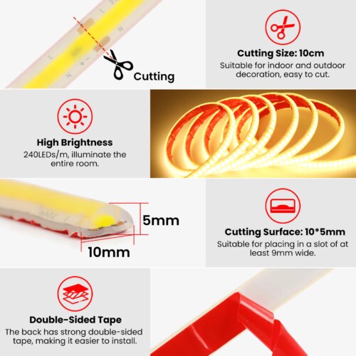 waterproof 220v cob led light strip 240leds flexible home decor with switch and adhesive tape - Image 7