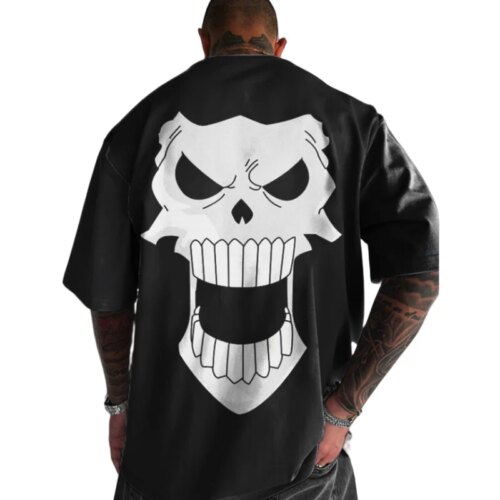summer hip hop skulls pattern t-shirt men oversized breathable casual short sleeve top - Image 3