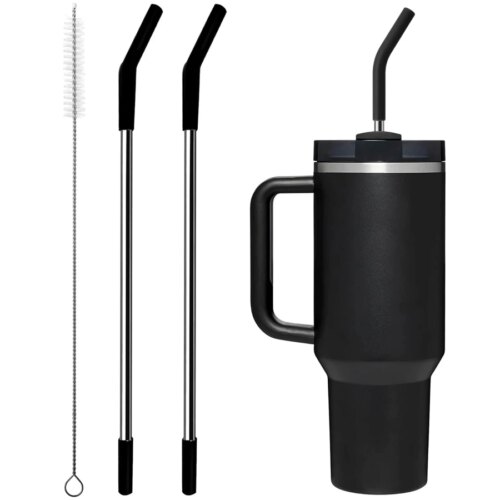 reusable stainless steel straws with silicone tips for stanley cups 2 pack with cleaning brush