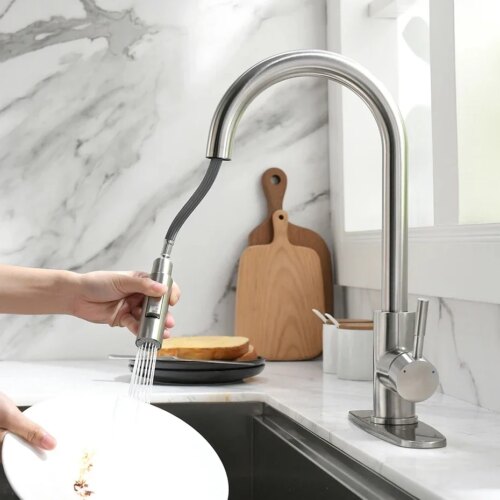 sleek silver pull out kitchen faucet single hole basin tap for modern bathroom sinks - Image 3