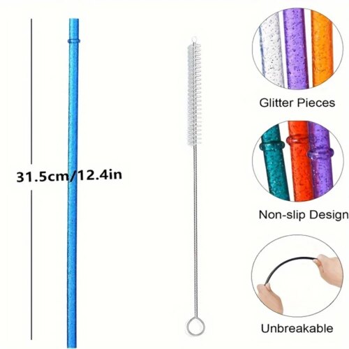 12 pack glitter reusable plastic drinking straws with cleaning brush for tumbler and parties - Image 5