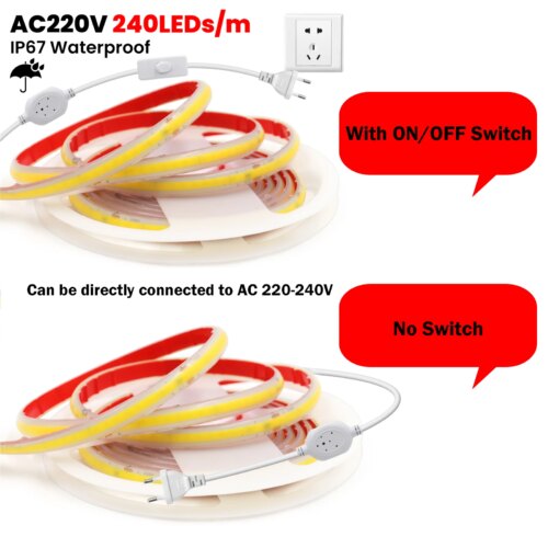 waterproof 220v cob led light strip 240leds flexible home decor with switch and adhesive tape - Image 4