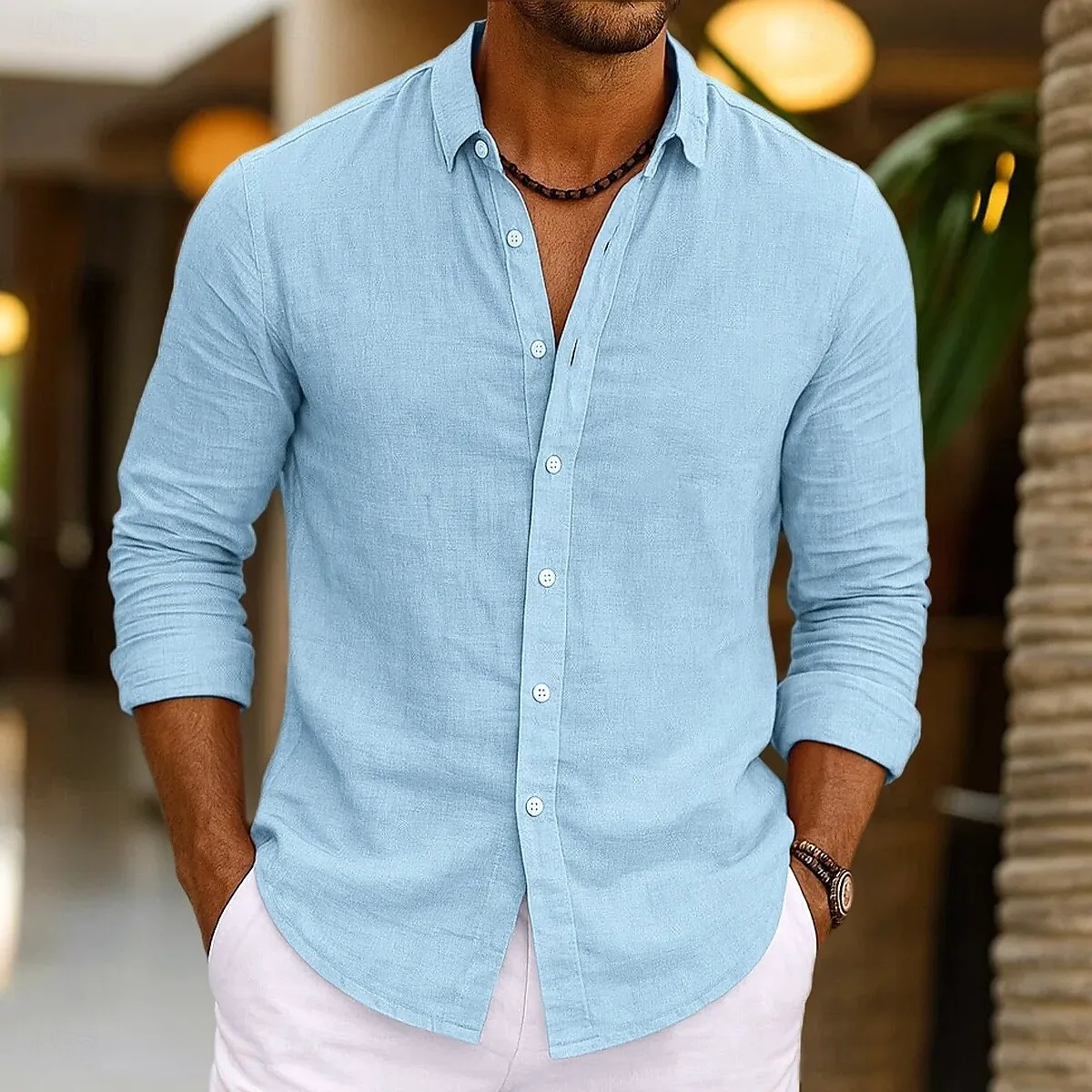 Aalo com Men's Linen Shirt Summer Beachwear Button Solid Color Cotton Linen Long Sleeve Shirt Vacation Men's Clothing Fast Shipping - Image 3