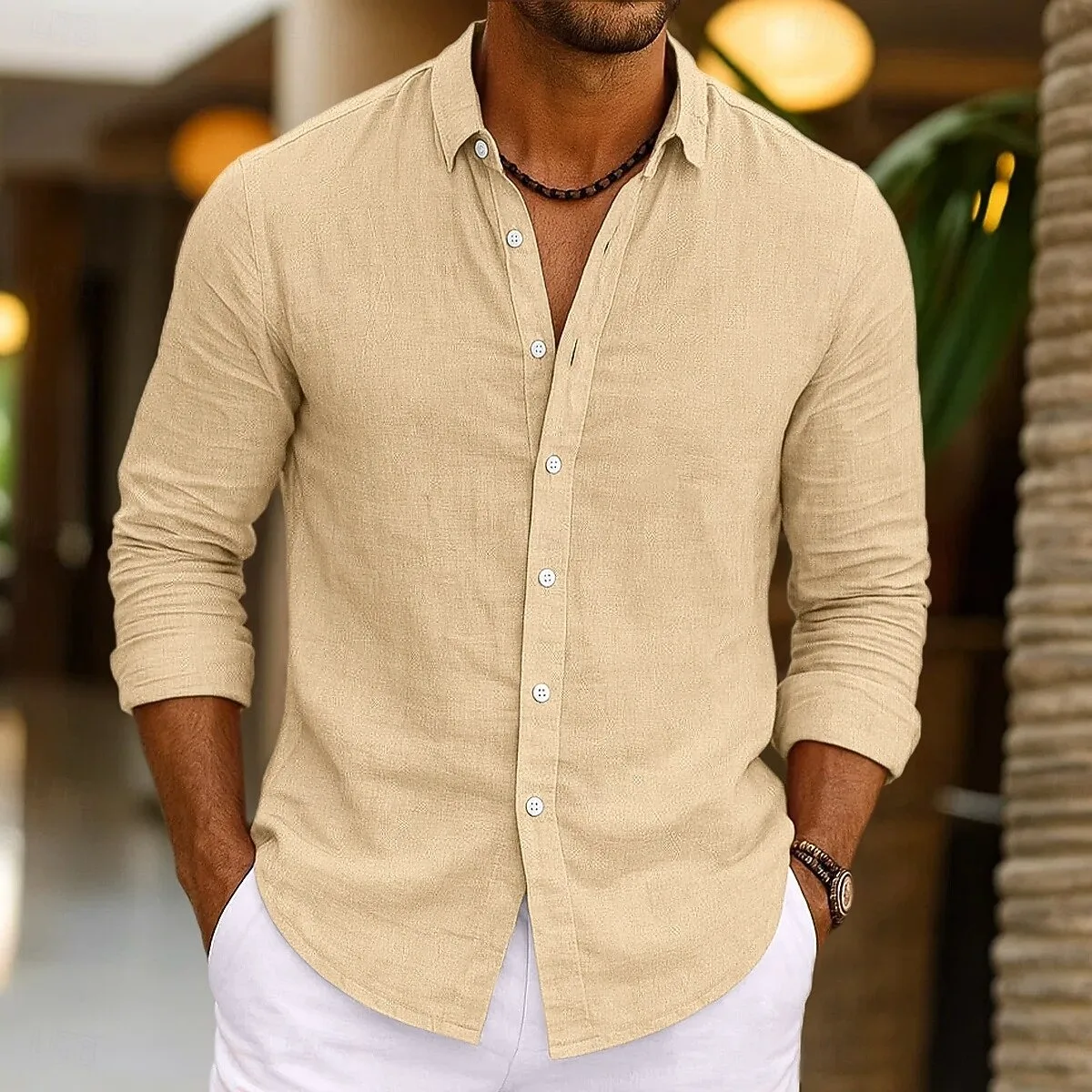 Aalo com Men's Linen Shirt Summer Beachwear Button Solid Color Cotton Linen Long Sleeve Shirt Vacation Men's Clothing Fast Shipping - Image 4