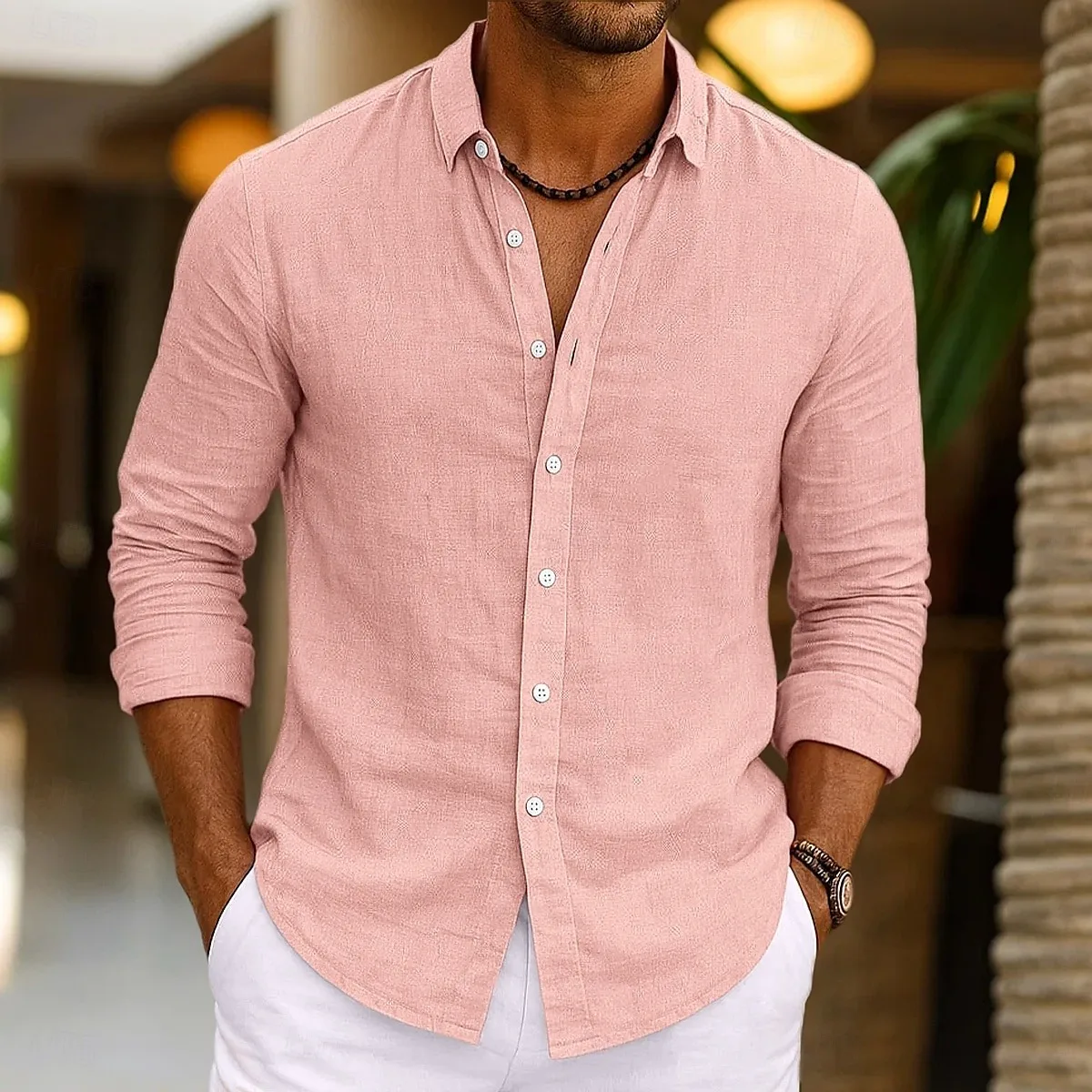 Aalo com Men's Linen Shirt Summer Beachwear Button Solid Color Cotton Linen Long Sleeve Shirt Vacation Men's Clothing Fast Shipping